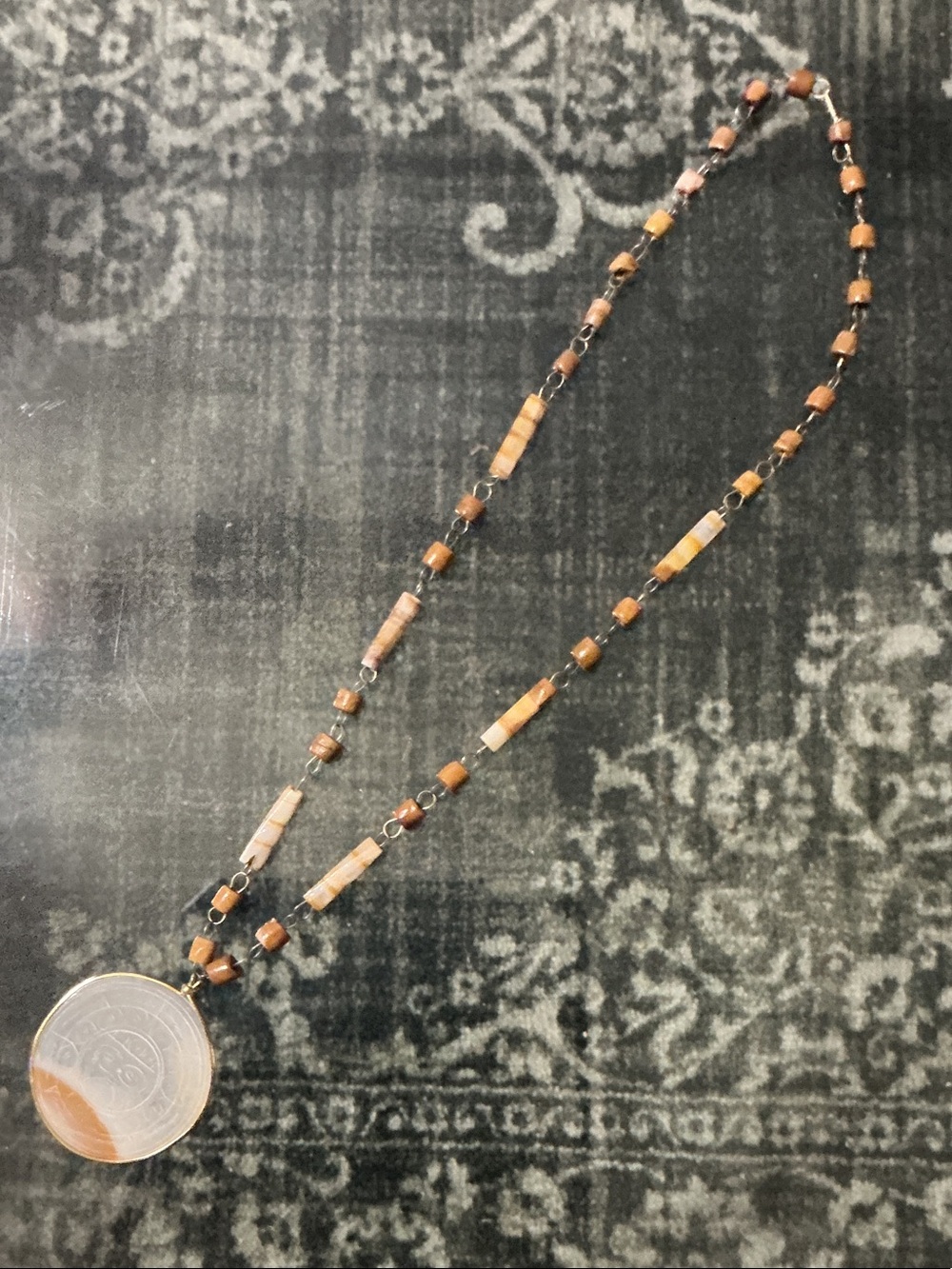 Brown Beaded Pendant Necklace with Circular Stone Charm - Women Jewelry